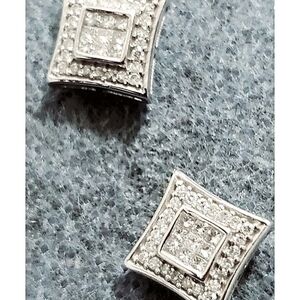 DIAMOND EMERALD SHAPED STUD EARRINGS .37cts RHODIUM OVER STERLING SILVER